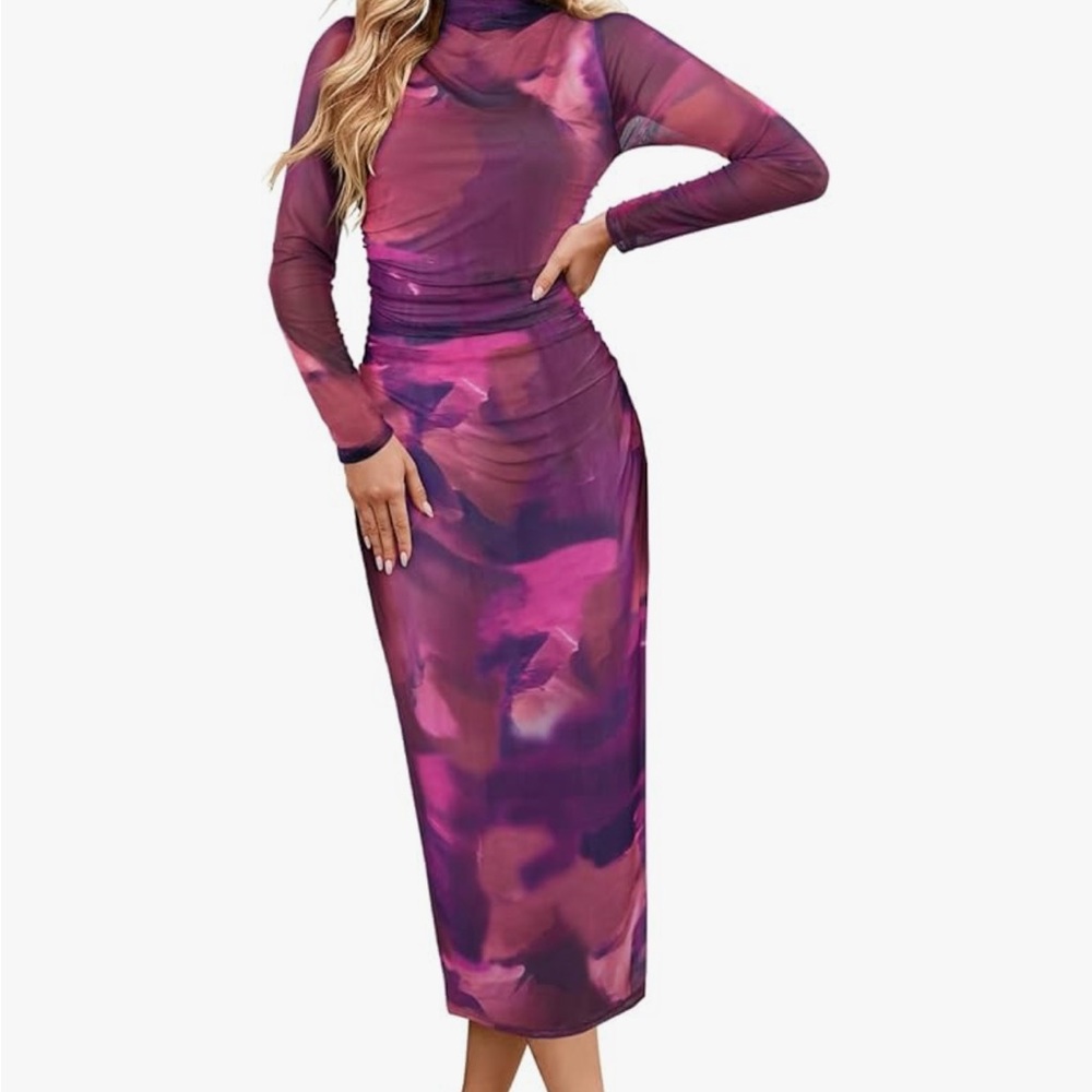 Merokeety Tie Dye Purple & Pink Bodycon Ruched Maxi Dress